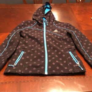 Snozu girls medium 10/12 ski jacket black gray polkadots blue fleece lining